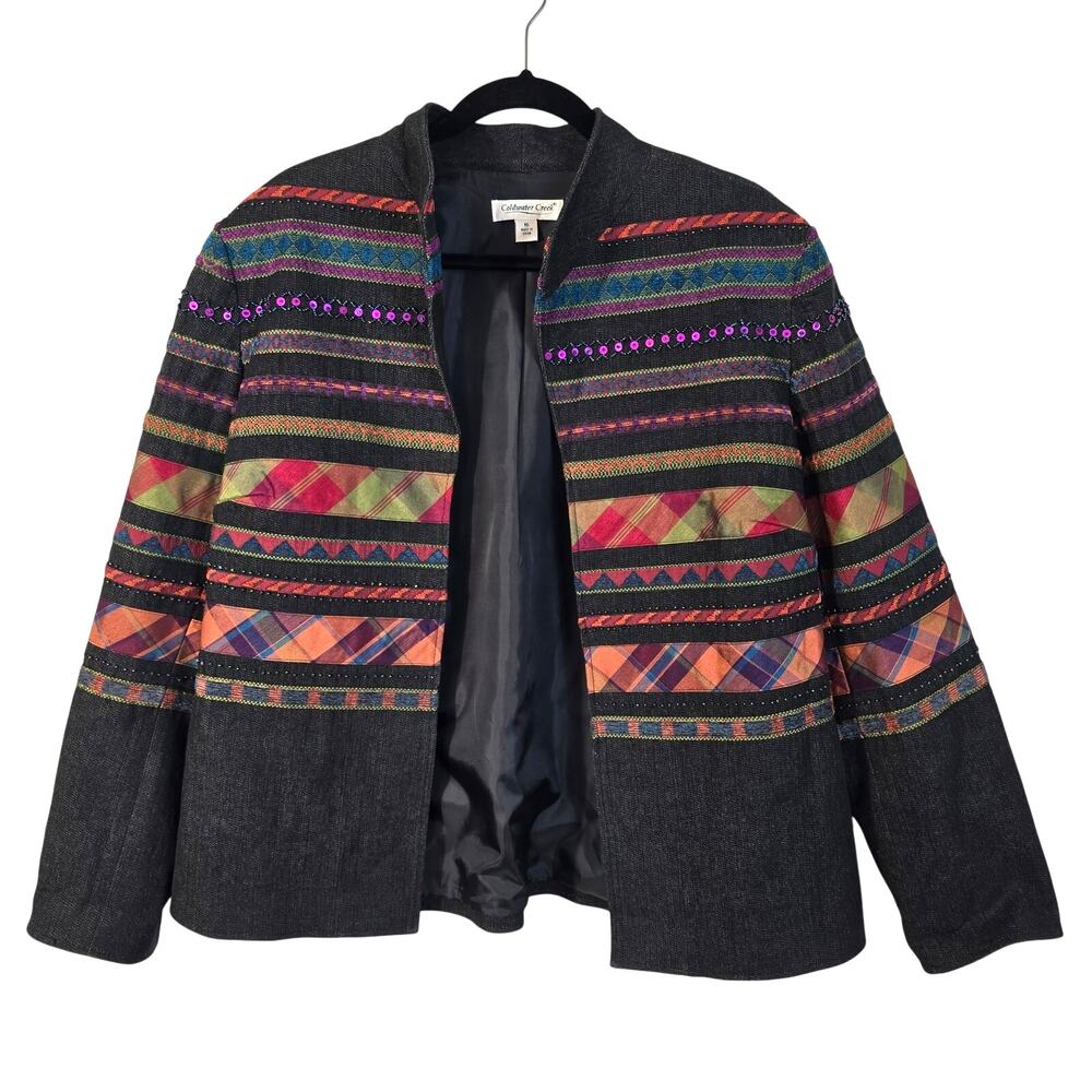 Coldwater Creek Jacket Women's 16 Black Denim Multicolored Embellished Artsy